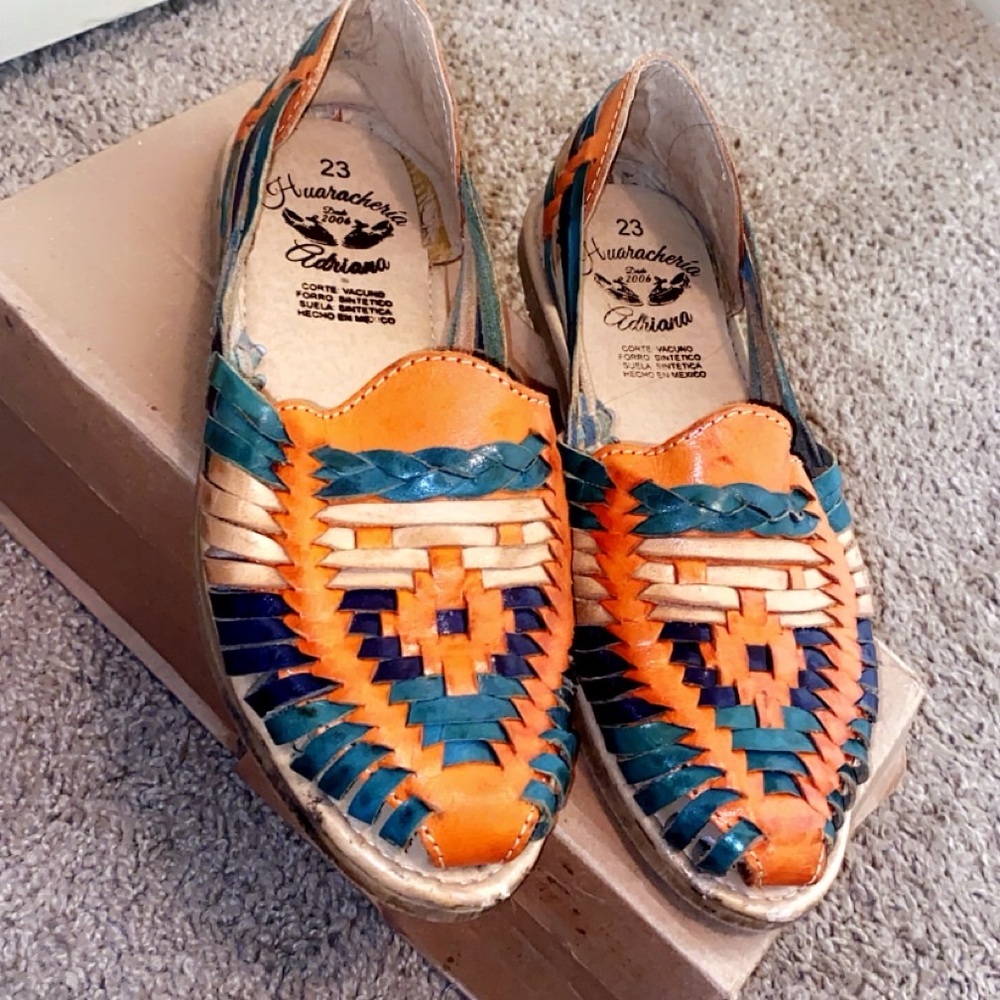 Leather Sandals - Orange and Blue
